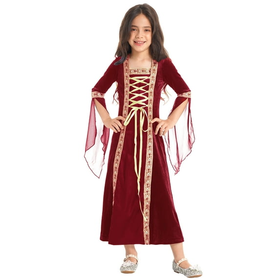 vastwit Kids Girls Renaissance Vintage Dress Gothic Medieval Costume Maxi Dresses Halloween Fancy Burgundy 14
