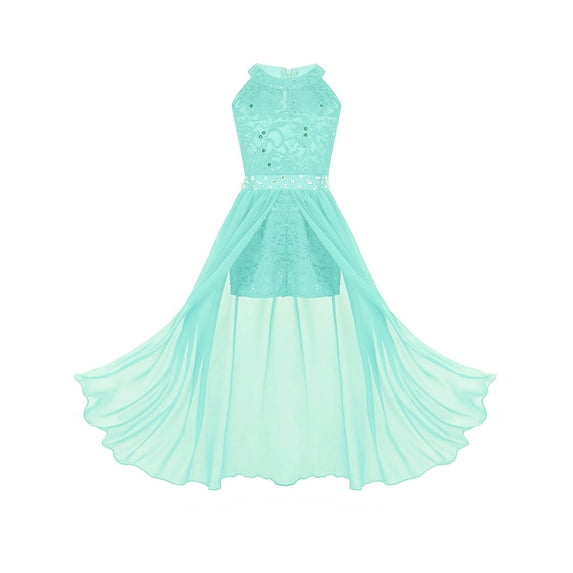 vastwit Kids Girls Rhinestone Floral Lace Maxi Romper Dress Sleeveless Wedding Bridesmaid Party Ball Gown Mint Green 12