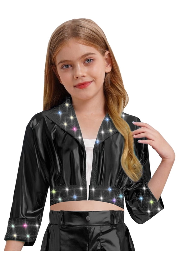Kids Girls Rhinestone Shiny Metallic Jacket Disco Hip Hop Jazz Dance Crop Top Rave Party Festival Outerwear Black 6