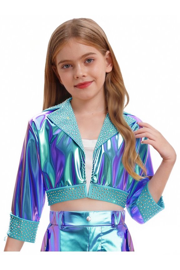 Kids Girls Rhinestone Shiny Metallic Jacket Disco Hip Hop Jazz Dance Crop Top Rave Party Festival Outerwear Blue 6
