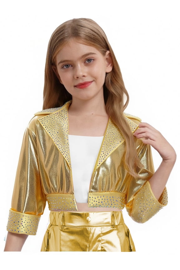 Kids Girls Rhinestone Shiny Metallic Jacket Disco Hip Hop Jazz Dance Crop Top Rave Party Festival Outerwear Gold 6