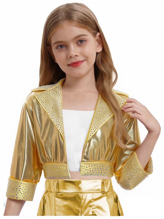 Kids Girls Rhinestone Shiny Metallic Jacket Disco Hip Hop Jazz Dance Crop Top Rave Party Festival Outerwear Gold 6