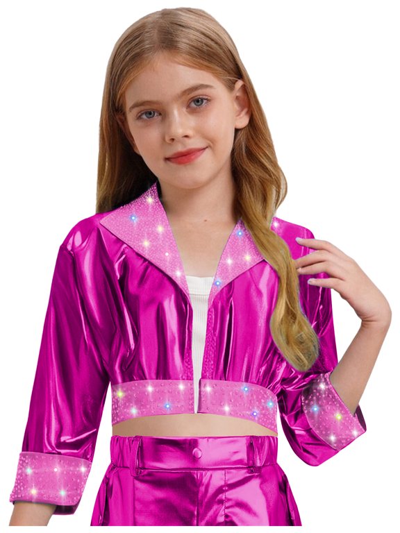 Kids Girls Rhinestone Shiny Metallic Jacket Disco Hip Hop Jazz Dance Crop Top Rave Party Festival Outerwear Hot Pink 6