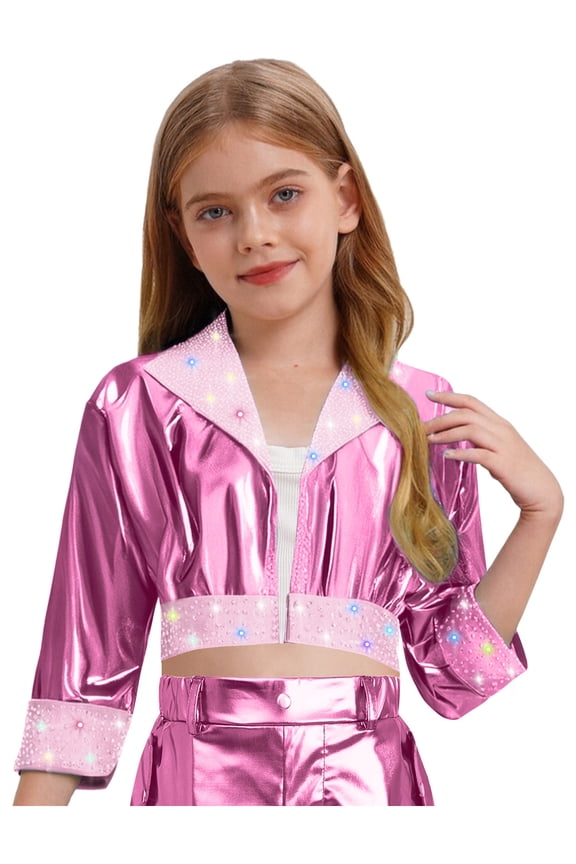 Kids Girls Rhinestone Shiny Metallic Jacket Disco Hip Hop Jazz Dance Crop Top Rave Party Festival Outerwear Pink 6