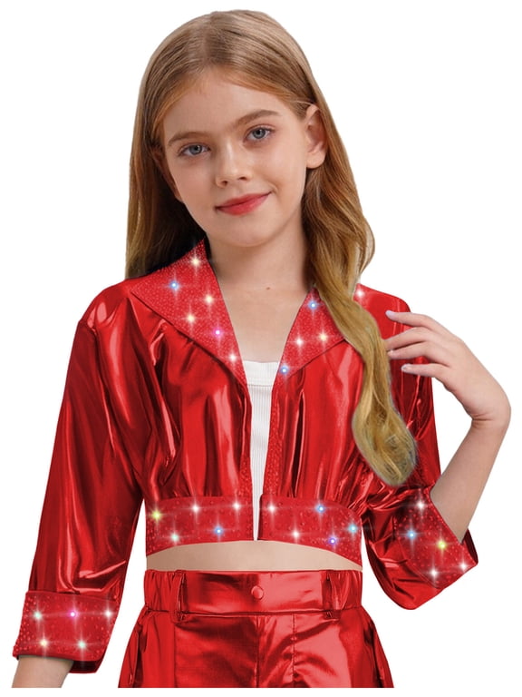 Kids Girls Rhinestone Shiny Metallic Jacket Disco Hip Hop Jazz Dance Crop Top Rave Party Festival Outerwear Red 6