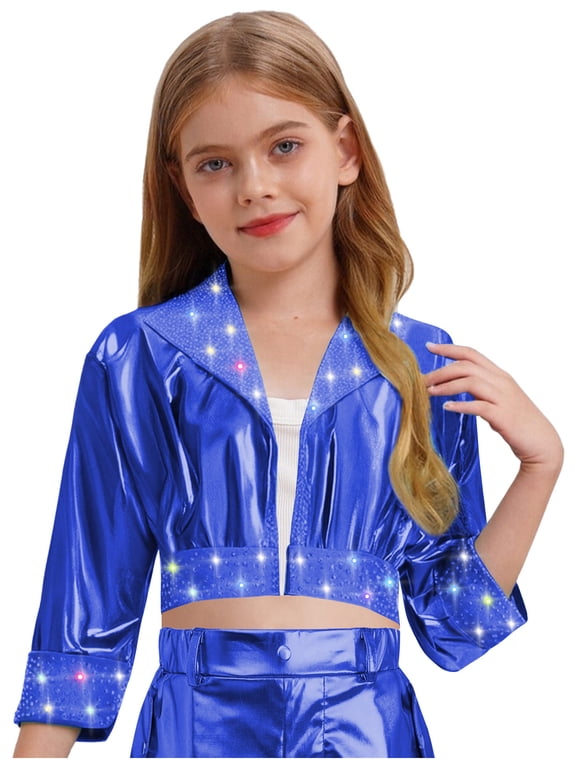 Kids Girls Rhinestone Shiny Metallic Jacket Disco Hip Hop Jazz Dance Crop Top Rave Party Festival Outerwear Royal Blue 6