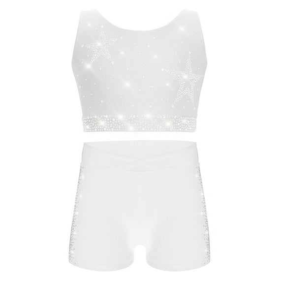 vastwit Kids Girls Rhinestones Gymnastics Dance Sports Outfit Sleeveless Crisscross Back Crop Top Vest and Shorts Set White 14