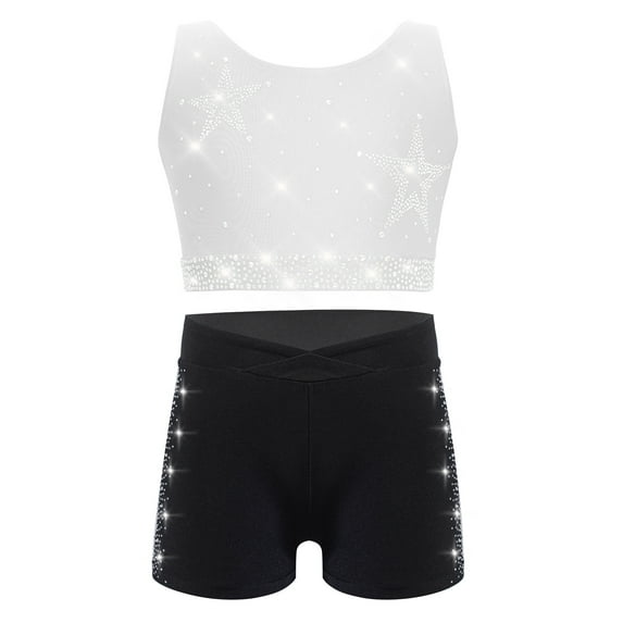 vastwit Kids Girls Rhinestones Gymnastics Dance Sports Outfit Sleeveless Crisscross Back Crop Top Vest and Shorts Set White Black 8