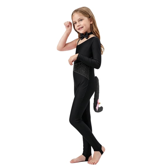 vastwit Kids Girls Rhinestones Gymnastics Unitards with Bow Choker Plush Cat Tail Animal Outfit Set Dancewear Black 16