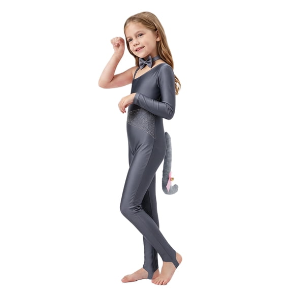 vastwit Kids Girls Rhinestones Gymnastics Unitards with Bow Choker Plush Cat Tail Animal Outfit Set Dancewear Grey 16