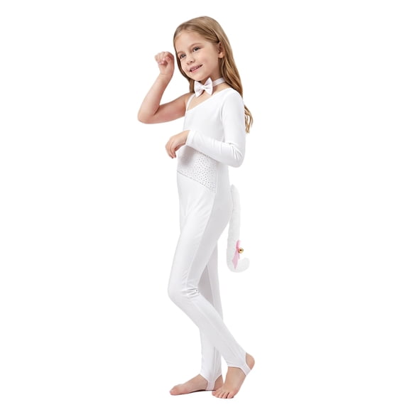 vastwit Kids Girls Rhinestones Gymnastics Unitards with Bow Choker Plush Cat Tail Animal Outfit Set Dancewear Ivory 12