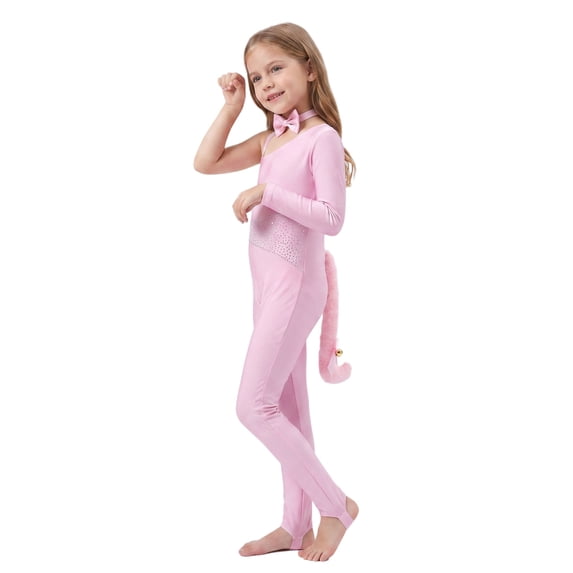 vastwit Kids Girls Rhinestones Gymnastics Unitards with Bow Choker Plush Cat Tail Animal Outfit Set Dancewear Pink 6
