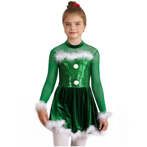 vastwit Kids Girls Sequin Ice Skating Dance Leotard Dress Christmas Snowman Party Costume Green 10