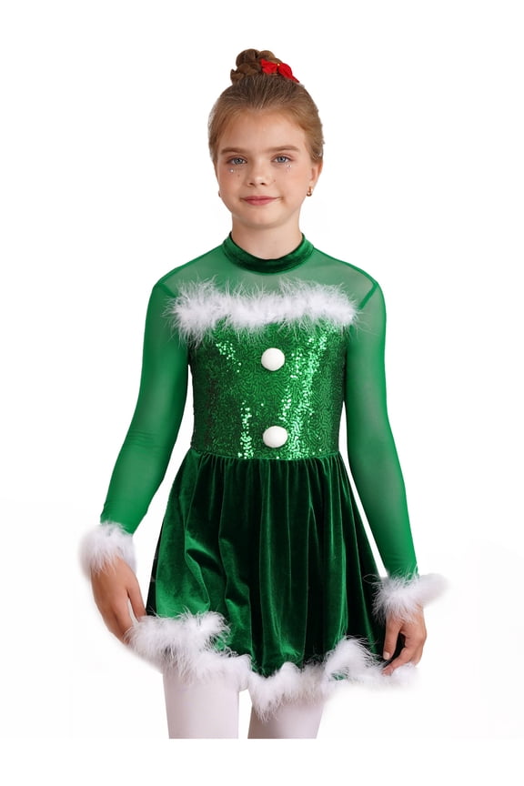 Kids Girls Sequin Ice Skating Dance Leotard Dress Christmas Snowman Party Costume Green 8