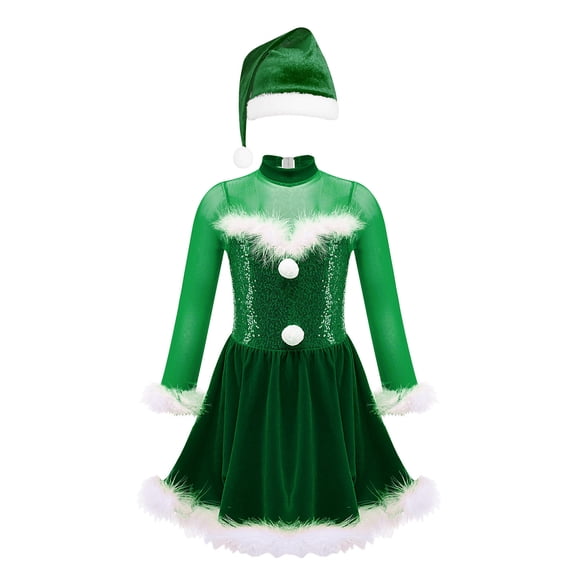 vastwit Kids Girls Sequin Ice Skating Dance Leotard Dress Christmas Snowman Party Costume Hat Green 6