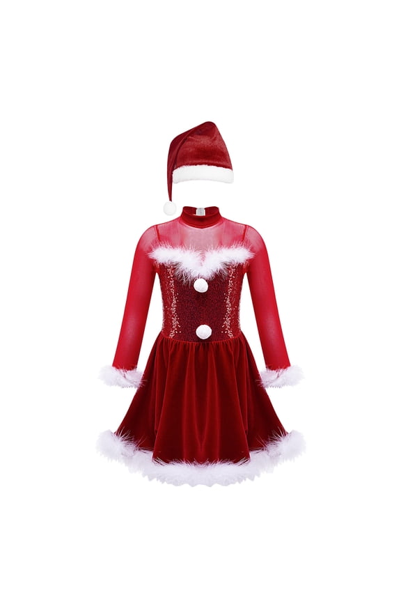 Kids Girls Sequin Ice Skating Dance Leotard Dress Christmas Snowman Party Costume Hat Red 14
