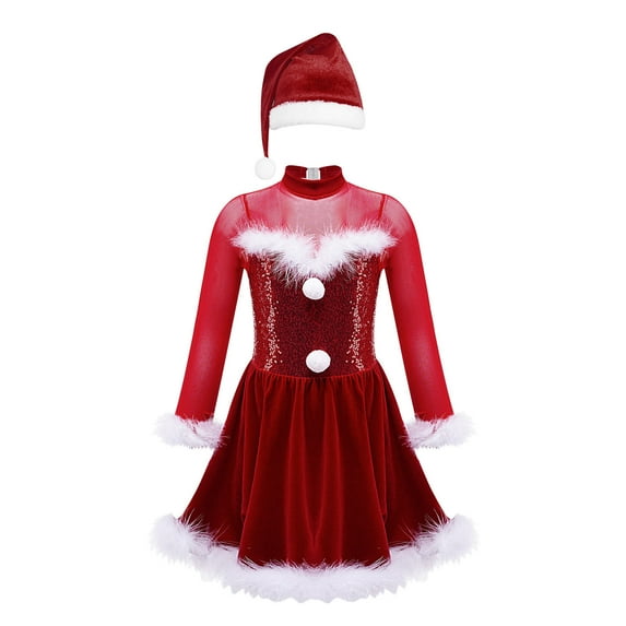 vastwit Kids Girls Sequin Ice Skating Dance Leotard Dress Christmas Snowman Party Costume Hat Red 8