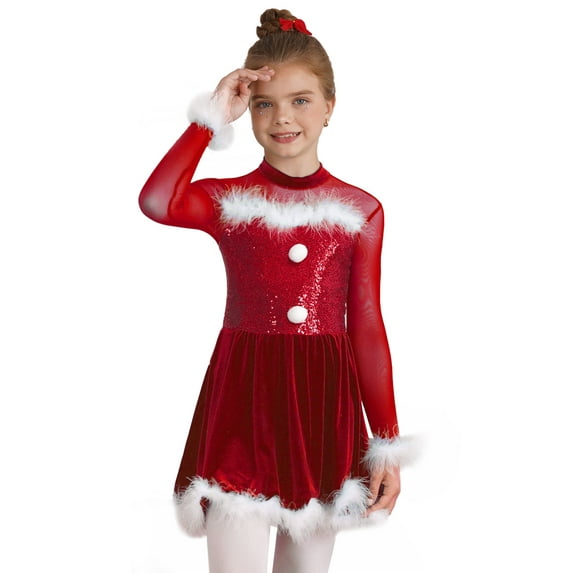 vastwit Kids Girls Sequin Ice Skating Dance Leotard Dress Christmas Snowman Party Costume Red 12