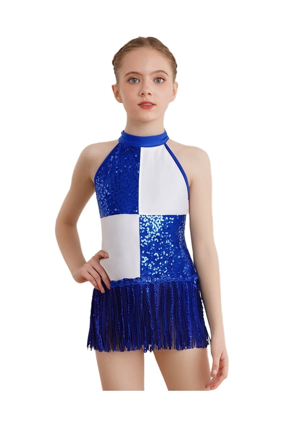 Kids Girls Sequin Latin Dance Dress Fringe Tassel Skirted Leotard Ballroom Cha-cha Tango Dancewear Blue 6