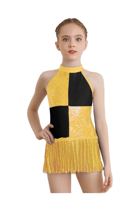 Kids Girls Sequin Latin Dance Dress Fringe Tassel Skirted Leotard Ballroom Cha-cha Tango Dancewear Gold 14