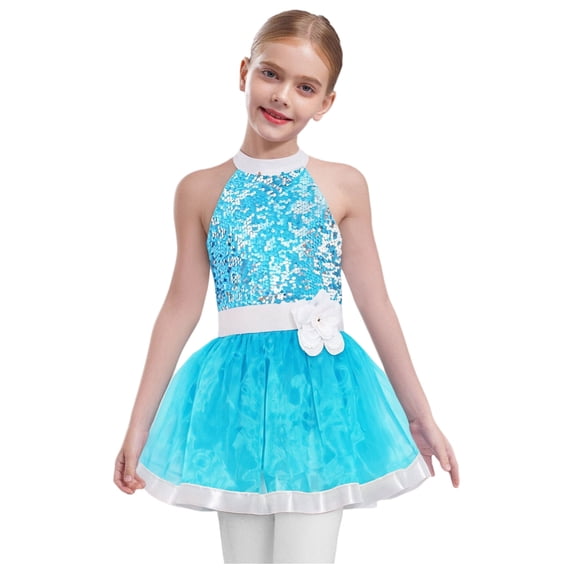 vastwit Kids Girls Sequins Ballet Dance Dress Jazz Latin Ballroom Dancewear Ballerina Sleeveless Tutu Skirt Leotards Blue 12