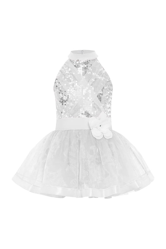 Kids Girls Sequins Ballet Dance Dress Jazz Latin Ballroom Dancewear Ballerina Sleeveless Tutu Skirt Leotards White 4