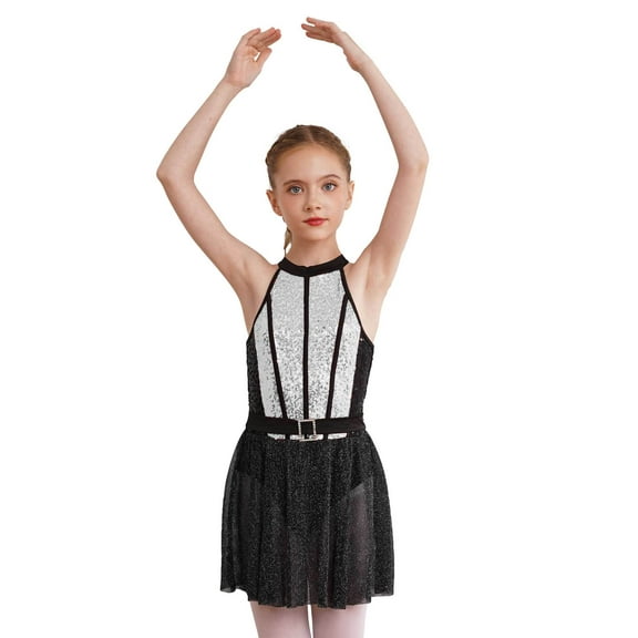 vastwit Kids Girls Sequins Ballet Gymnastics Leotard Dress Sleeveless Bodysuit Latin Jazz Dancewear White 6