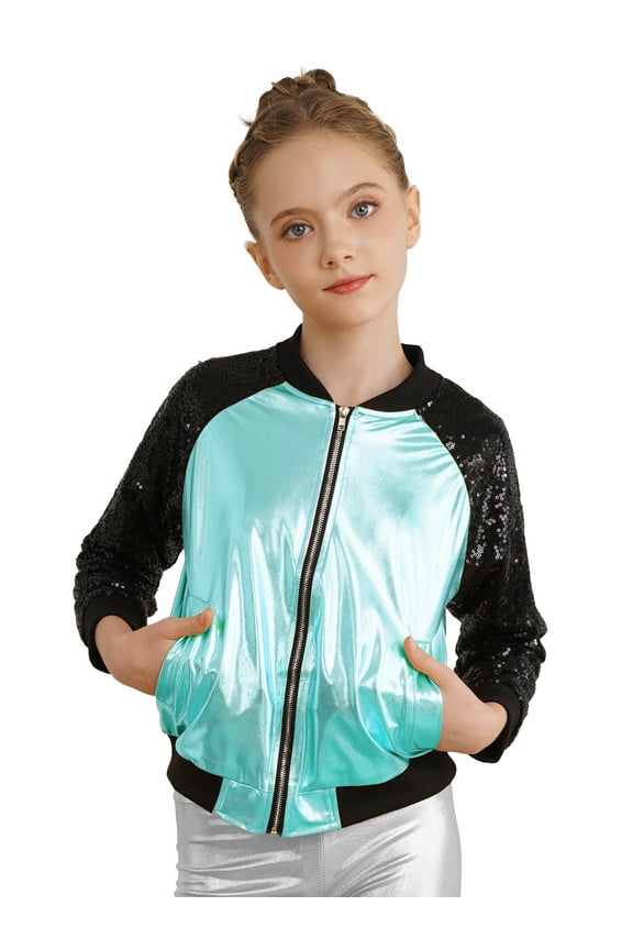 Kids Girls Sequins Jacket Coat Hip-hop Jazz Dance Clothes Long Sleeve Bronzing Cloth Outerwear Lake Blue 10