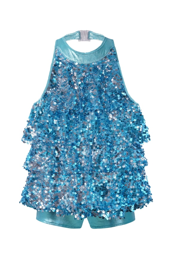 Kids Girls Sequins Jazz Latin Leotard Halter Tassel Dance Dress Modern Ballet Dancewear Blue 10