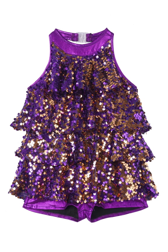 Kids Girls Sequins Jazz Latin Leotard Halter Tassel Dance Dress Modern Ballet Dancewear Purple 4
