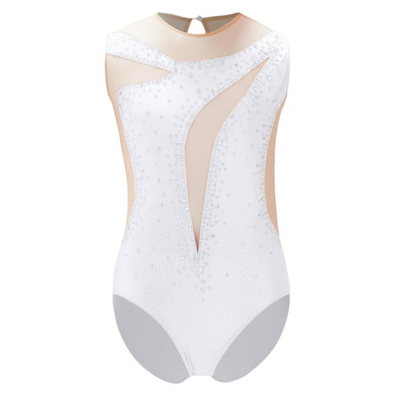 vastwit Kids Girls Shiny Gymnastics Leotard Sleeveless Mesh Figure Skating Ballet Dance Bodysuit White 10
