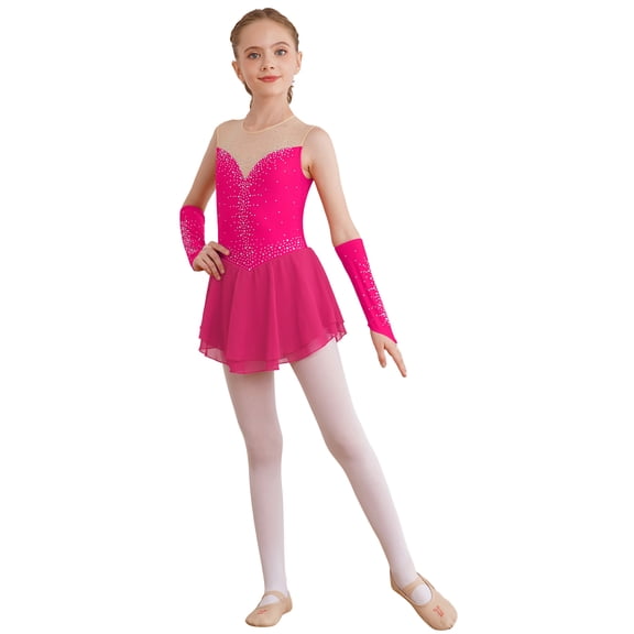 vastwit Kids Girls Shiny Mesh Splice Figure Ice Skating Dress Hollow Back Sleeveless Ballet Dance Leotard Hot Pink 6
