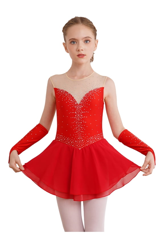 Kids Girls Shiny Mesh Splice Figure Ice Skating Dress Hollow Back Sleeveless Ballet Dance Leotard Red 6