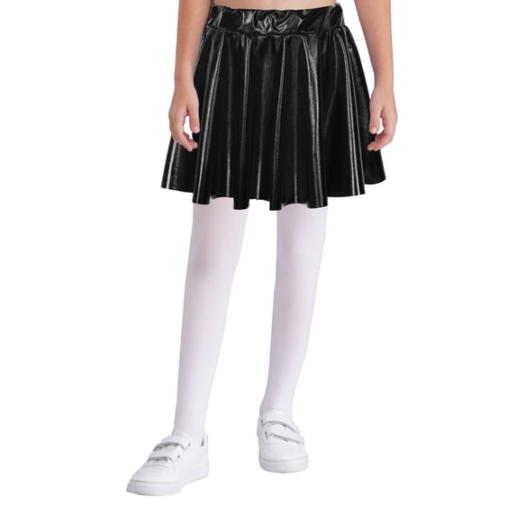 vastwit Kids Girls Shiny Metallic High Waist Pleated Skirt Athletic Jazz Hip Hop Dance Skater Skort Black XL