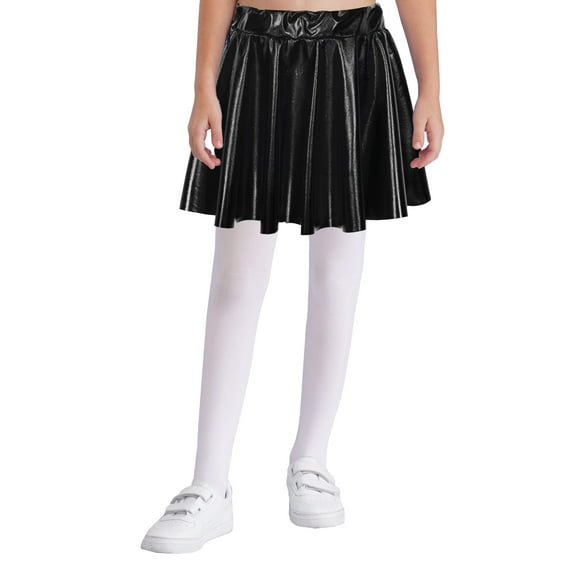 vastwit Kids Girls Shiny Metallic High Waist Pleated Skirt Athletic Jazz Hip Hop Dance Skater Skort Black XS