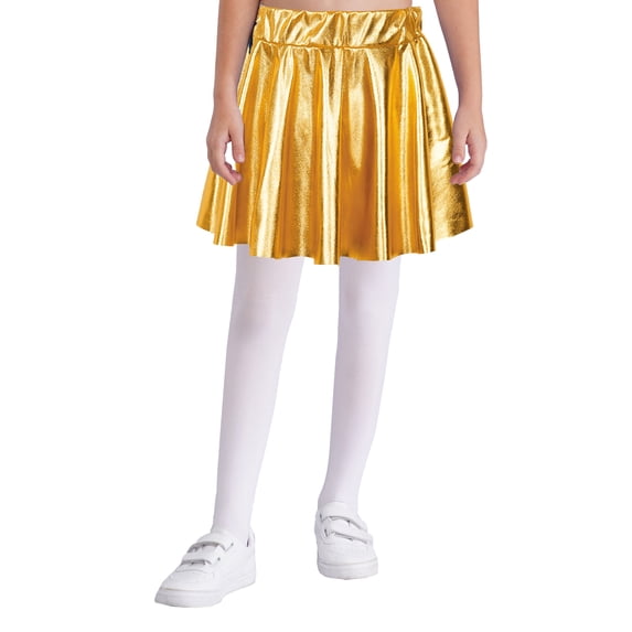 vastwit Kids Girls Shiny Metallic High Waist Pleated Skirt Athletic Jazz Hip Hop Dance Skater Skort Gold L