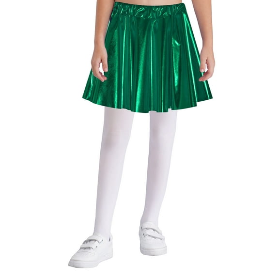 vastwit Kids Girls Shiny Metallic High Waist Pleated Skirt Athletic Jazz Hip Hop Dance Skater Skort Green M
