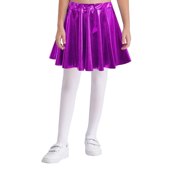 vastwit Kids Girls Shiny Metallic High Waist Pleated Skirt Athletic Jazz Hip Hop Dance Skater Skort Purple M