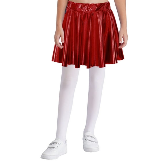 vastwit Kids Girls Shiny Metallic High Waist Pleated Skirt Athletic Jazz Hip Hop Dance Skater Skort Red L