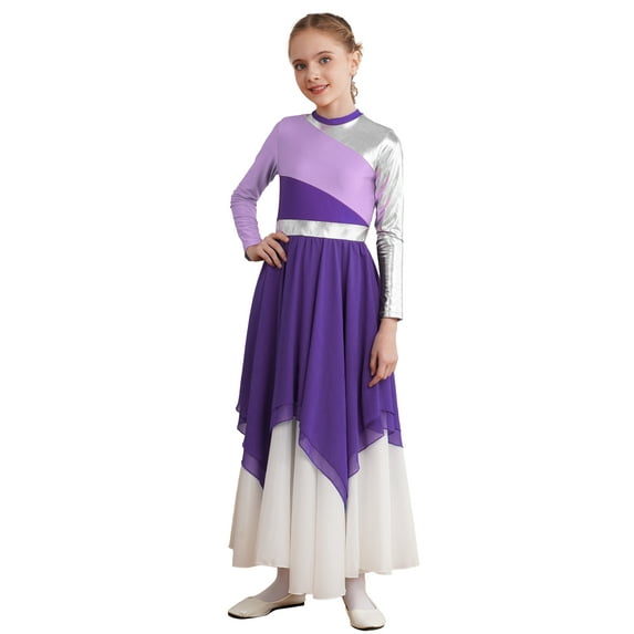 vastwit Kids Girls Shiny Metallic Praise Asymmetrical Tunic Dress Chiffon Worship Lyrical Dancewear Purple 14