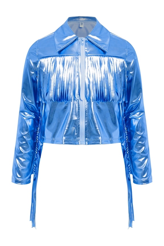 Kids Girls Shiny Metallic Tassels Fringed Cowgirl Jacket Long Sleeve 70s Party Disco Jazz Hip Hop Dance Tops Blue 16
