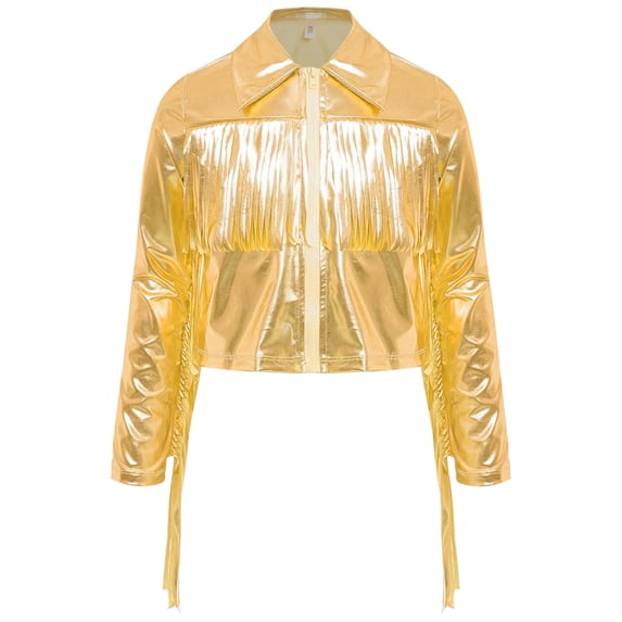 vastwit Kids Girls Shiny Metallic Tassels Fringed Cowgirl Jacket Long Sleeve 70s Party Disco Jazz Hip Hop Dance Tops Gold 14