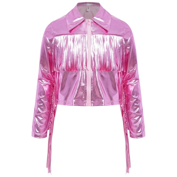 vastwit Kids Girls Shiny Metallic Tassels Fringed Cowgirl Jacket Long Sleeve 70s Party Disco Jazz Hip Hop Dance Tops Pink 8