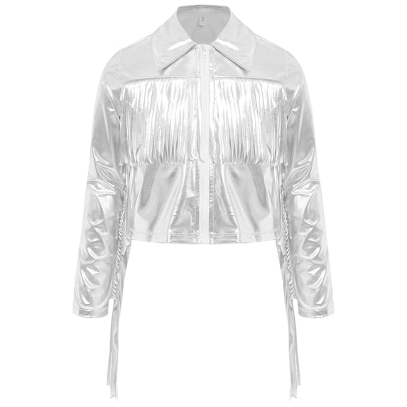 vastwit Kids Girls Shiny Metallic Tassels Fringed Cowgirl Jacket Long Sleeve 70s Party Disco Jazz Hip Hop Dance Tops Silver 16