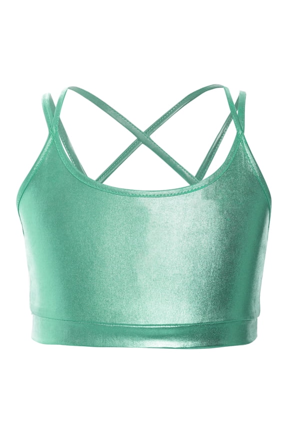 Kids Girls Shiny Metallic Training Bras Wireless Gymnastics Dance Crop Top Yoga Bralettes Dancewear Light Green 16