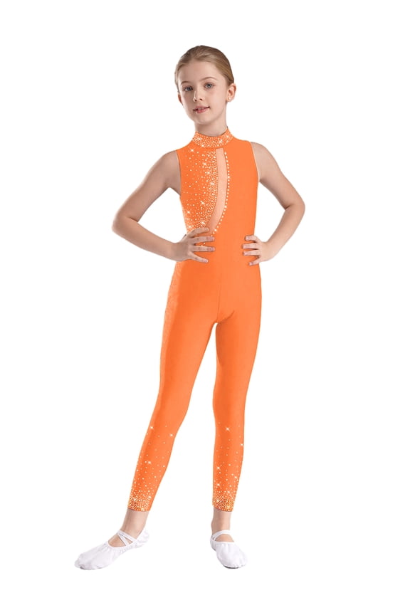 Kids Girls Shiny Rhinestone Sleeveless Ballet Dance Bodysuit Full Body Gymnastics Leotard Orange 16
