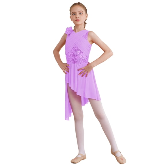 vastwit Kids Girls Shiny Sequin Ballet Lyrical Dance Dress Ruched Sheer Mesh Overlay Skirted Leotard Light Purple 16