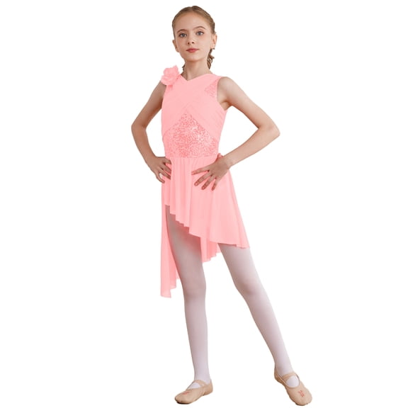 vastwit Kids Girls Shiny Sequin Ballet Lyrical Dance Dress Ruched Sheer Mesh Overlay Skirted Leotard Pink 14