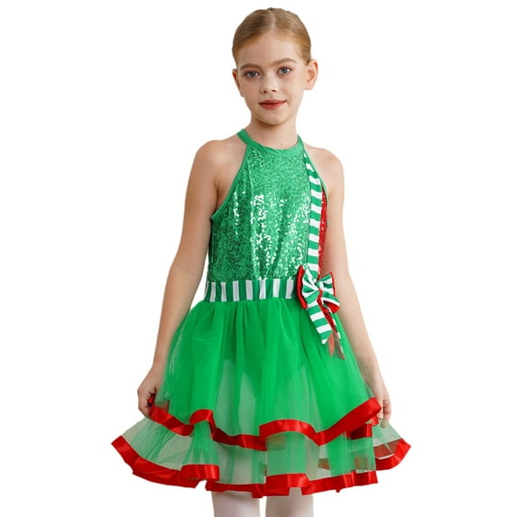 vastwit Kids Girls Shiny Sequin Christmas Elf Dancewear Figure Skating Dance Ballet Leotard Dress Green 6