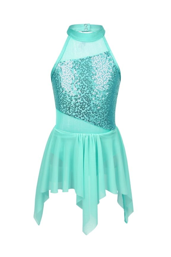 Kids Girls Shiny Sequins Lyrical Latin Ballet Dance Costumes Dresses Halterneck Irregular Turquoise 10